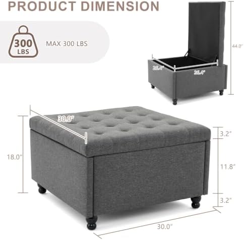 30" Large Square Ottoman with Storage, Fabric Ottoman Coffee Table, Grey