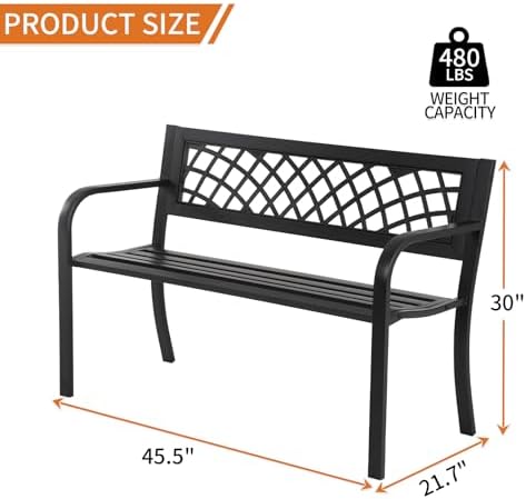 Outdoor Bench,Patio Garden Benches,Metal Weatherproof Porch Bench with Grid-Patterned Backrest and Armrest for Park Courtyard Porch,Bearing Capacity 480lbs,Black