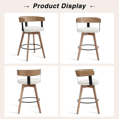 DUOMAY Swivel Bar Stools Set of 1, 26" Counter Height Counter Stool with Footrest Modern Wood Barstool with Linen Upholstered Seat for Kitchen Island Home Bar, White