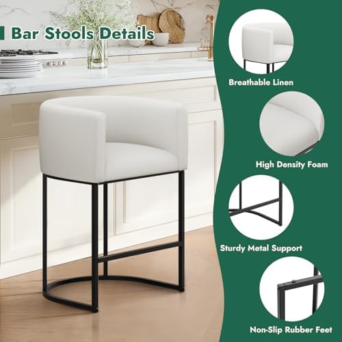 Counter Height Bar Stools Set of 2, 24 Inch Seat Height Barstools for Dining Room, Fabric Upholstered Bar Chair for Kitchen Island, Linen Counter Stools with Metal Legs, White