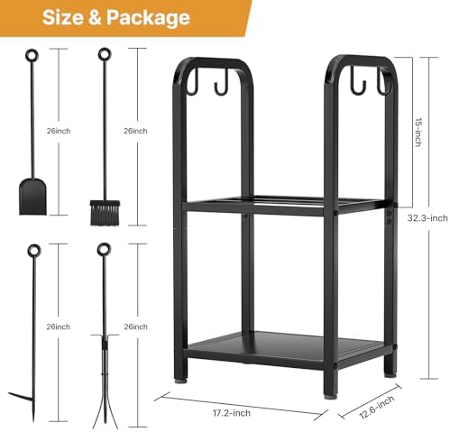 Vailge Firewood Rack Indoor with 4 Pieces Long&Detachable Fireplace Tools, Heavy Duty Steel 2-Tier Firewood Holder Storage, Log Rack for for Fireplace, Fire Pit, Wood Stove Black