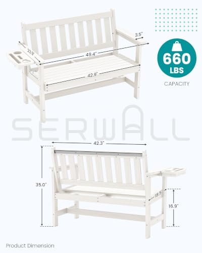 SERWALL HDPE Outdoor Bench with Foldable Cup Holder, 1 Pack, White
