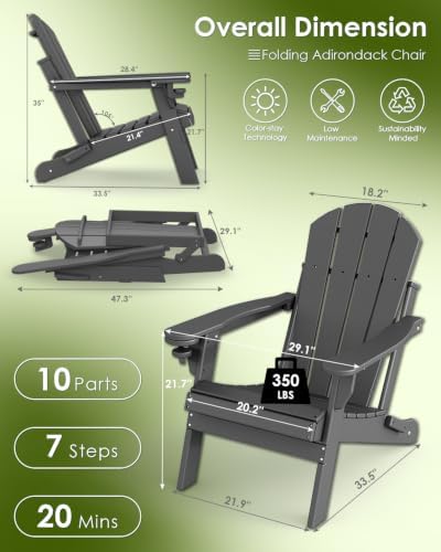 GREENVINES Folding-Adirondack-Chairs Set of 4, HDPE All Weather, Grey