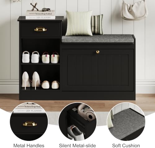 Shoe Storage Bench, Modern Wooden Shoe Cabinet with Flip Drawer and Adjustable Shelf, Entry Way Bench with Padded Seat Cushion for Entryway, Hallway, Living Room,Black