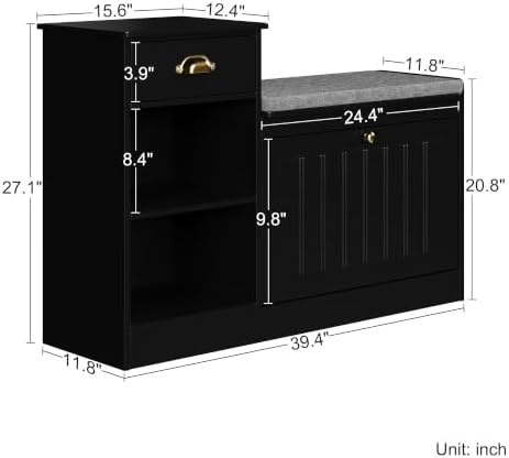 Shoe Storage Bench, Modern Wooden Shoe Cabinet with Flip Drawer and Adjustable Shelf, Entry Way Bench with Padded Seat Cushion for Entryway, Hallway, Living Room,Black