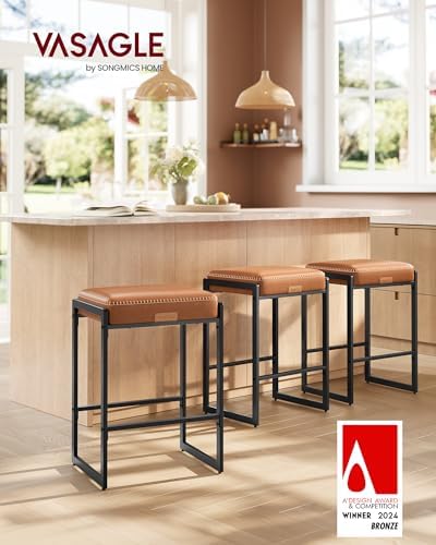 VASAGLE Bar Stools Set of 3, Counter Height, PU Leather, 26-Inch
