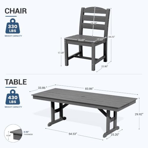 KINGYES Outdoor Dining Set,84'' Table w/Umbrella Hole & Armless Chairs,Grey