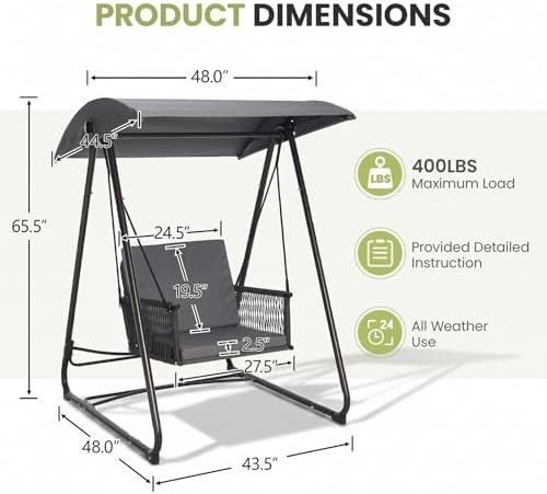 Porch Swing with Stand, Outdoor Swing with Canopy, All Weather Outdoor Swings for Adults, 400lbs Heavy Duty Porch Swings with Removable Cushions, Single Hanging Chair for Small Space, Grey