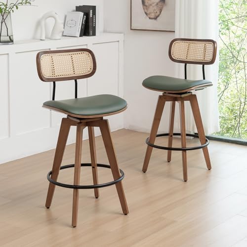 26" Rattan Bar Stools Set of 2,Faux Leather Counter Height Swivel Barstools with Rattan Backrest/Wooden Legs,Armless Mid Century Modern Bar Chairs for Kitchen/Dining Room/Bar Chairs,Green PU