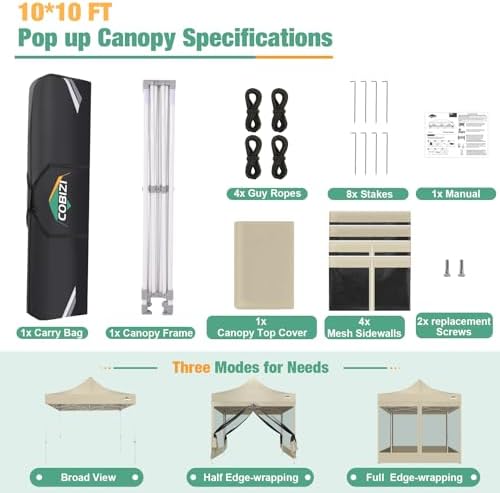 COBIZI 10x10 Heavy Duty Pop Up Canopy Tent with Mosquito Netting Sidewalls