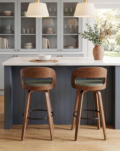 AQG Swivel Bar stools Set of 2 Bar Chairs 26" Counter Height Mid-Century Modern Bentwood Barstool PU Leather Upholstered Bar Chair with Back and Footrest, for Bar, Cafe, Dining, Kitchen Island, Green