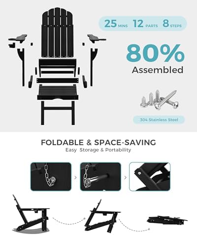 Ciokea Adirondack Rocking Chair with Footrest, Folding HDPE Rocker (Black)