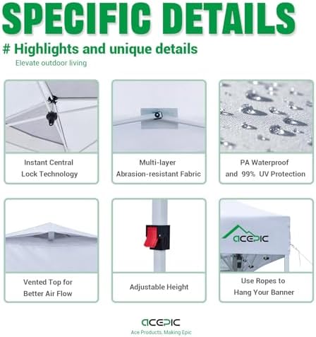 Acepic 10x10 Pop Up Canopy Tent, Easy Setup Portable Shelter, White, 10*10