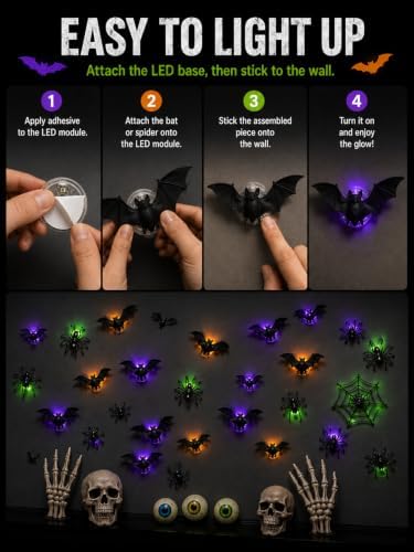 41 PCS 3D LED Halloween Bats Wall Decor with Spiders, Web & Skulls