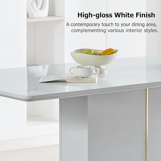 Homy Casa High Gloss Extendable Dining Table for 6 8 10 Persons, 63-80.7''Modern Wooden Kitchen Expanding Table for Dining Room, Conference Table, White