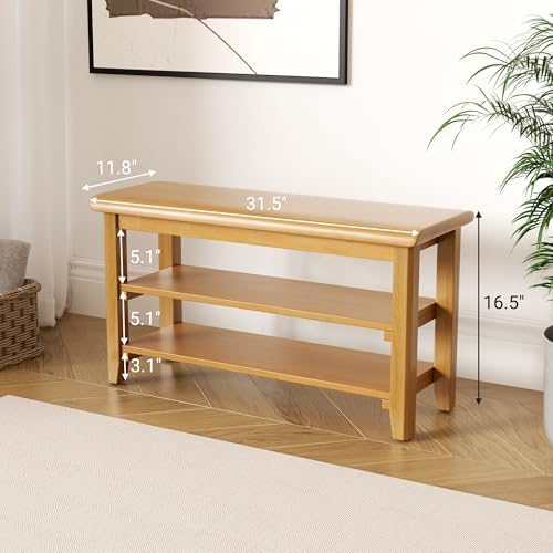 Shoe Rack Bench Mid Century Modern 2-Tier Shoe Rack Organizer for Entryway Hallway or Living Room Farmhouse Rustic Wooden Seat Bench Natural 11.8" Dx31.5 Wx16.5 H