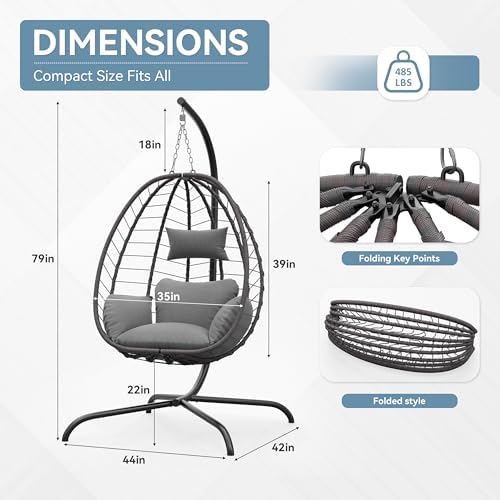 ALAULM Foldable Egg Chair with Stand, 485LBS Capacity Wicker Rattan Hammock Swing Chair for Outdoor & Indoor, Hanging Chair with Strong Frame & UV Resistant Cushion for Balcony, Bedroom, Light Gray