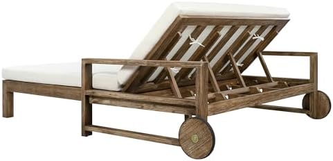 Farmhouse-Style Acacia Wood Outdoor Daybed for 2,Weather-Resistant Patio Lounger with 4-Position Adjustable Backrest & Wheels,High-Resilience Foam Cushions,for Poolside, Garden(Beige)