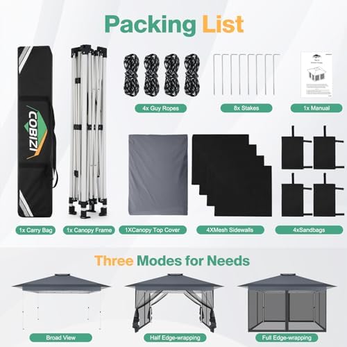 COBIZI 12x12 Pop Up Gazebos On Clearance - Portable Gazebo with Mosquito Nettings- Upgrade Easy Up Outdoor Canopy Waterproof, 4 Ropes 8 Stakes and Carry Bag for Patio Garden(Dark Gray)