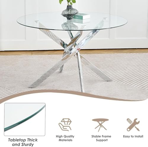 Modern Minimalism Circle Dining Table Set of 4, 36'' Round Tempered Glass Table Top with Silver Base & 4 Black Silver Velvet Dining Chairs, 5-Piece Dining Room Table Set (Easy Assembly)