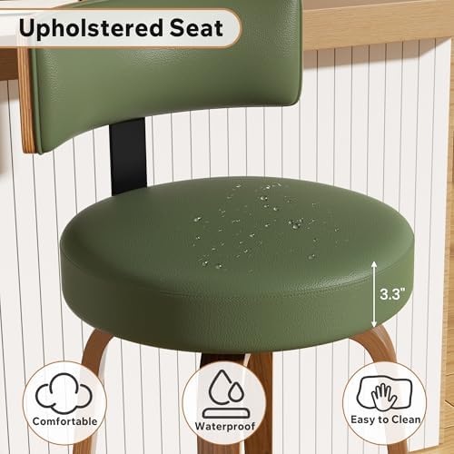 Swivel Bar Stools Set of 2, 26" Faux Leather Upholstered Counter Height Bar Stools with Back and Bentwood Legs, Mid Century Modern Bar Chairs Island Stools for Kitchen Counter, Green