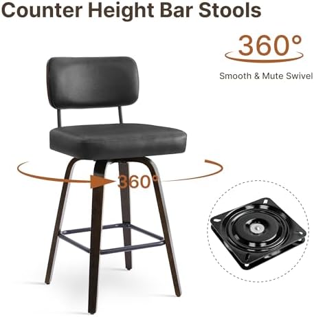 Swivel Bar Stools Set of 2, 26" Counter Height with Wooden Back, Black