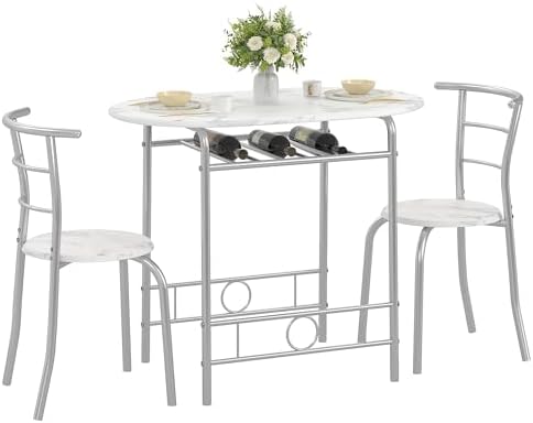 VECELO 3-Piece Dining Table Set for Kitchen Breakfast Nook, Faux Marbled Oval Tabletop and Metal Frame with Built-in Wine Rack, for Small Spaces, White & Silver