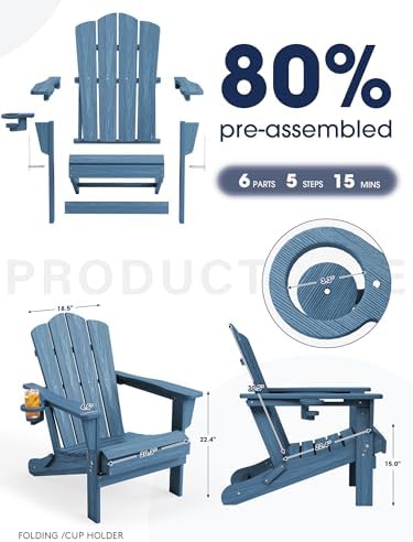 KINGYES Folding Adirondack Chair Set of 2 with Cup Holder, Navy