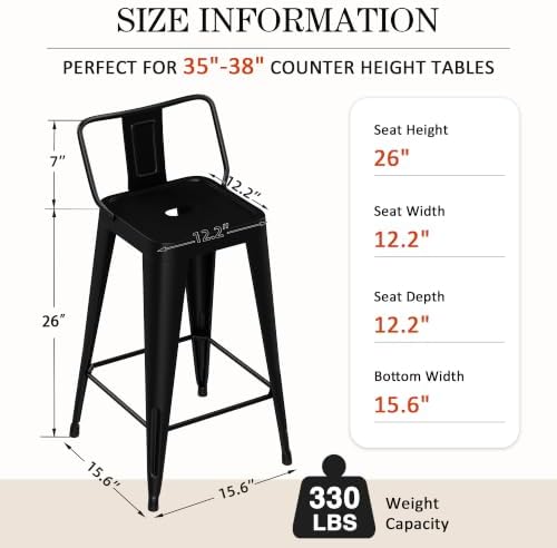 Metal Bar Stools Set of 4,26 Inch Counter Height Stools with Low Back Black