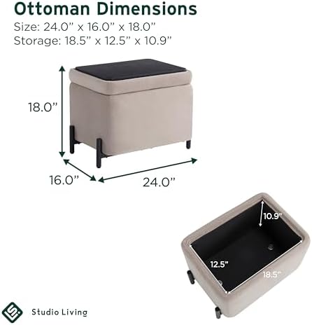 Studio Living® Connor 24" Small Storage Ottoman, Modern Boho, Matte Black Metal Legs, Velvet Fabric, Taupe