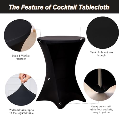 Fixwal 4 Pack Cocktail Tablecloth Bar Top Table Covers Round Black Spandex