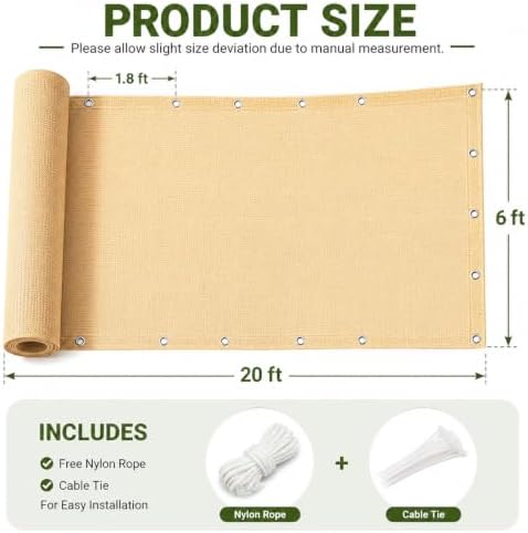 90% Outdoor Sun Shade Cloth, 6’ x 20’, Pergola, Deck, and Backyard Patio Sunshade with UV Protection, Heat Resistant HDPE Material, Reinforced Grommets (6x20 FT,Wheat)