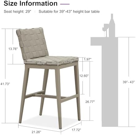 PURPLE LEAF Outdoor Bar Stools Set of 2, Leather Bar Height Chairs, Taupe