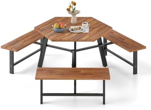GIANTEX Picnic Table Bench Set for 6, Acacia Wood Outdoor Dining Table Set with 3 Seats, 1.97" Umbrella Hole, 1720 LBS Capacity, Heavy Duty Metal Frame, for Front Porch Patio Lawn Garden
