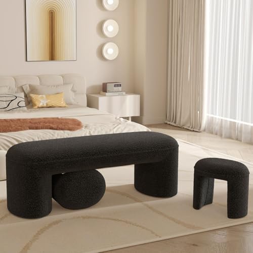 53" Sherpa Nesting Ottoman Bench Set, Black