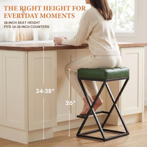 Bar Stools Set of 3, 26 Inch Counter Height Stool Faux Leather Green