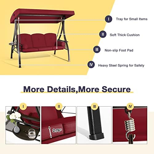 HOMREST 3 Person Porch Swing with Adjustable Canopy, Patio Swing with Stand