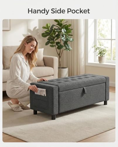 Amada 46" Storage Ottoman Bench, Side Pocket, Safety Hinge, Dark Gray