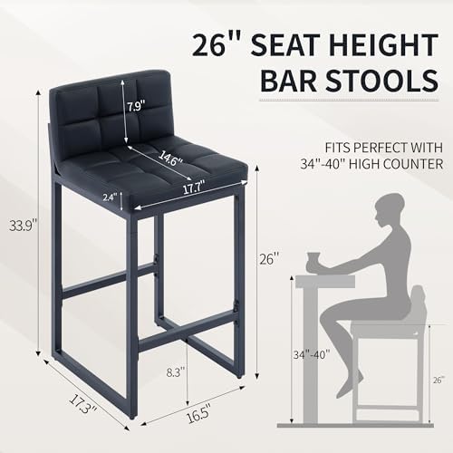 FIRAVOE Bar Stools Set of 3, Upholstered Faux Leather Counter Height Barstools with Low Back and Thickened Metal Legs, Modern Bar Chairs for Kitchen Island, Bar (Black, 3Pcs 26" Counter Stools)