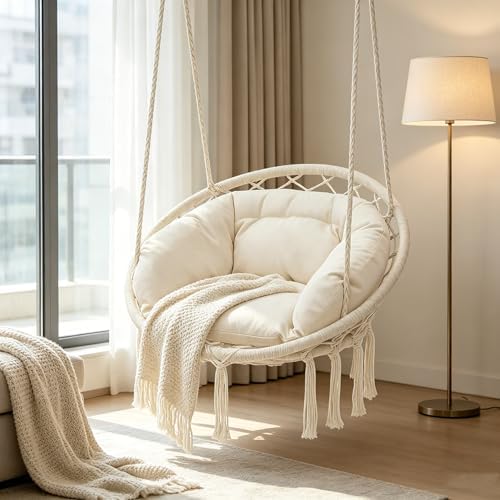 Monibloom Hanging Hammock Chair Macrame Swing with Cushion, Beige