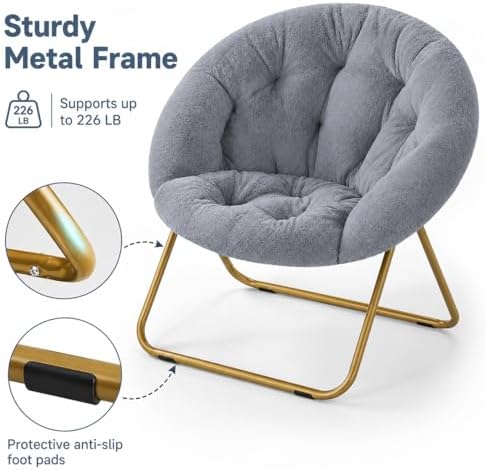 Simple Deluxe Cozy Chair, Faux Fur Saucer Chair for Bedroom, Comfy Foldable Moon Chair, Round Fluffy Chair for Living Room, Fuzzy Saucer Chairs for Adults Room, Gray