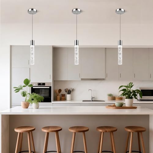 Pendant Lights Kitchen Island, 6500K Modern Kitchen Island Lights Brushed Nickel, 3 Pack Ceiling Lighting Fixtures with Crystal Bubble, Integrated LED Hanging Light for Dining Room Restaurant