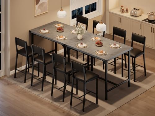 GarveeHome Dining Table Set for 4 with Corner Protector, Kitchen Table Set w/Footrest & Backrest, Counter Height Table with 4 Upholstered Bar Chairs, for Small Space, Retro Gray