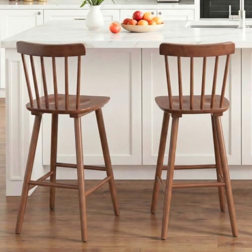 Windsor Bar Stools Set of 2, 26 Inch Counter Height Barstools Wooden Barstools with Spindle Back/Bigger Seat for Kitchen Island/Breakfast Bar/Home Pub, Walnut