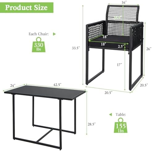 Tangkula 3 Pieces Outdoor Dining Set, PE Rattan Patio Furniture Set with Folding Backrest, Cozy Seat Cushions, Tempered Glass Tabletop, Space-Saving Bistro Table and Chairs Set of 2 for Backyard Pool