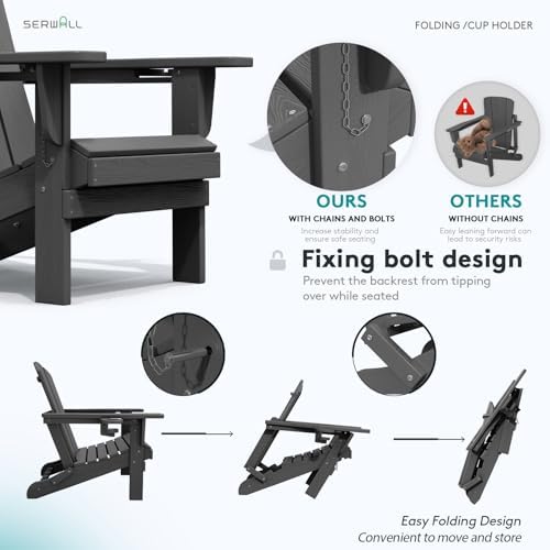SERWALL Outdoor Adirondack Chair Set of 2 with 2 Cup Holders,Foldable,Grey