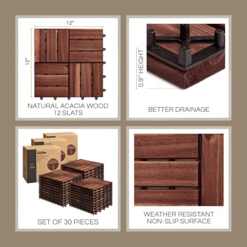 THYOI Acacia Wood Interlocking Deck Tiles (12" x 12"), Deck Flooring Outdoor Waterproof All Weather, Tiles for Patio, decking Tiles for Indoor and Outdoor use (Dark Brown 12S, 30 Pcs - 30 Square ft)