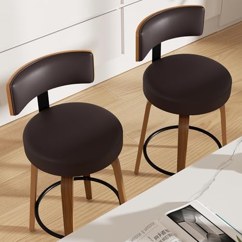 Swivel Bar Stools Set of 3, 26" Faux Leather Upholstered Counter Height Bar Stools with Back and Bentwood Legs, Mid Century Modern Bar Chairs Island Stools for Kitchen Counter, Dark Brown
