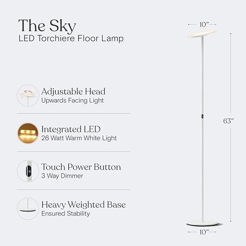 Brightech Sky LED Floor lamp, Torchiere Super Bright Floor Lamp for Living Room Decor & Office - Dimmable, Tall Standing Lamp with Warm Light for Bedroom & Reading - White