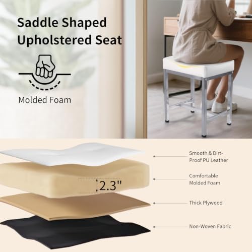 Saddle Seat Vanity Stool, Makeup Stool Chair with Metal Legs White&Silver